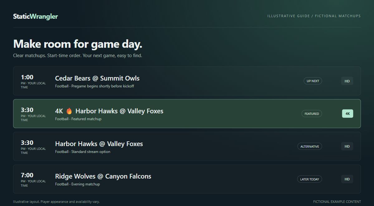 Illustrative sports guide showing fictional matchups sorted by start time, a selected featured game, and distinct 4K and standard options